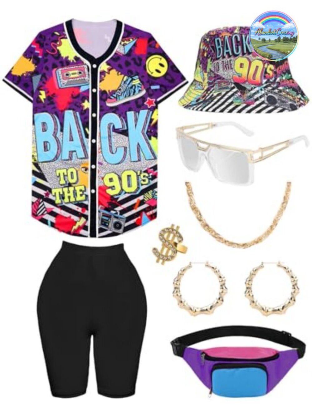 WILDPARTY 8-Piece 80s 90s Outfit Set Baseball Jersey Shorts Fanny Pack Retro